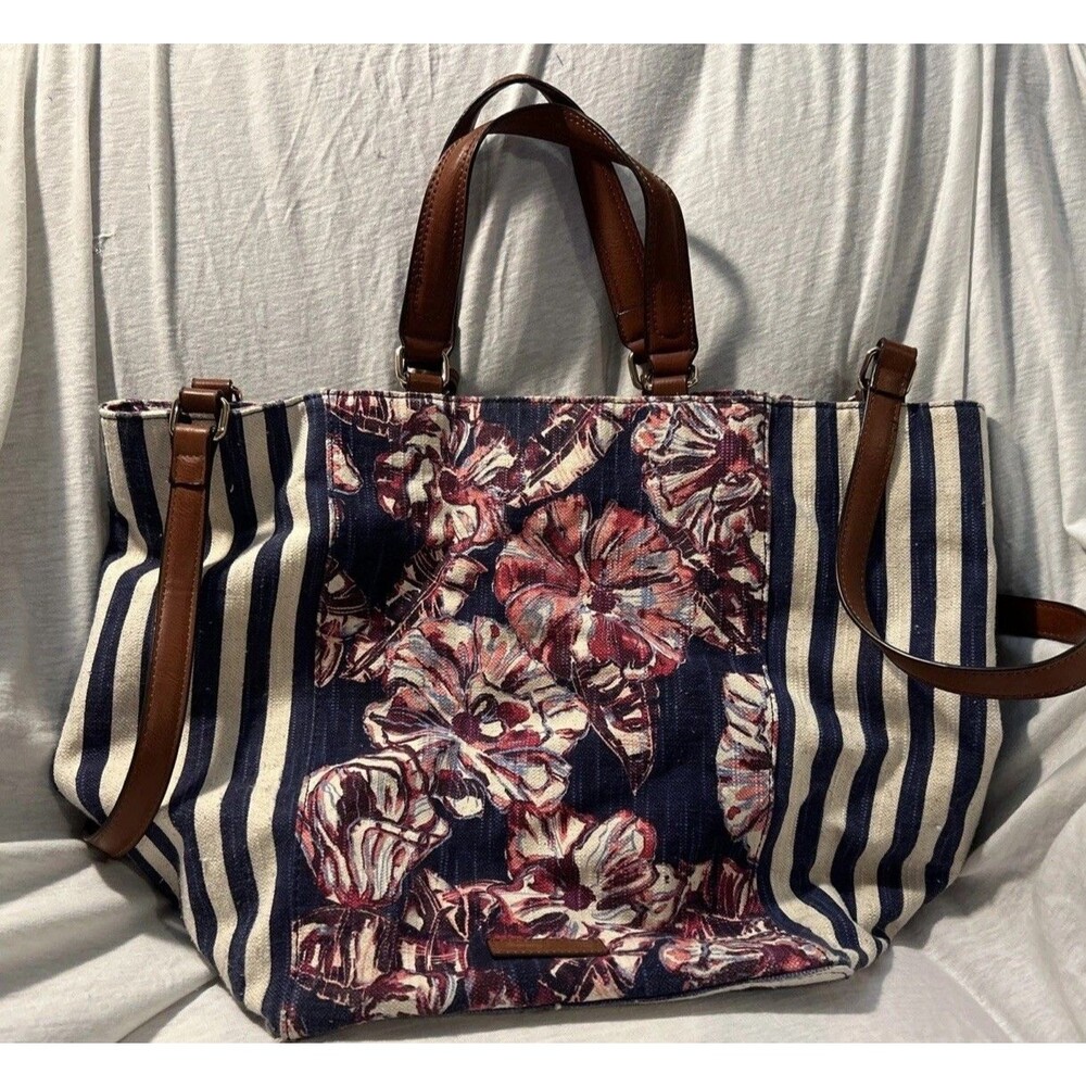 Tommy Bahama Island Chic Reef Floral Stripe Linen Blend Tote Nautical Coastal